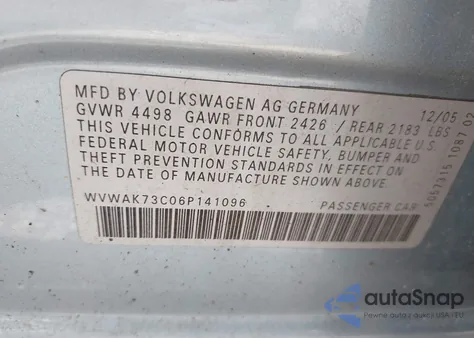 2006 Volkswagen Passat 2.0T/Value Edition z USA, uszkodzony, nr VIN WVWAK73C06P141096